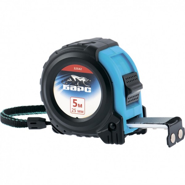 Рулетка Вектор 5 м х 25 мм, утолщенное полотно,магнитный зацеп, обрезиненный корпус Барс 32542